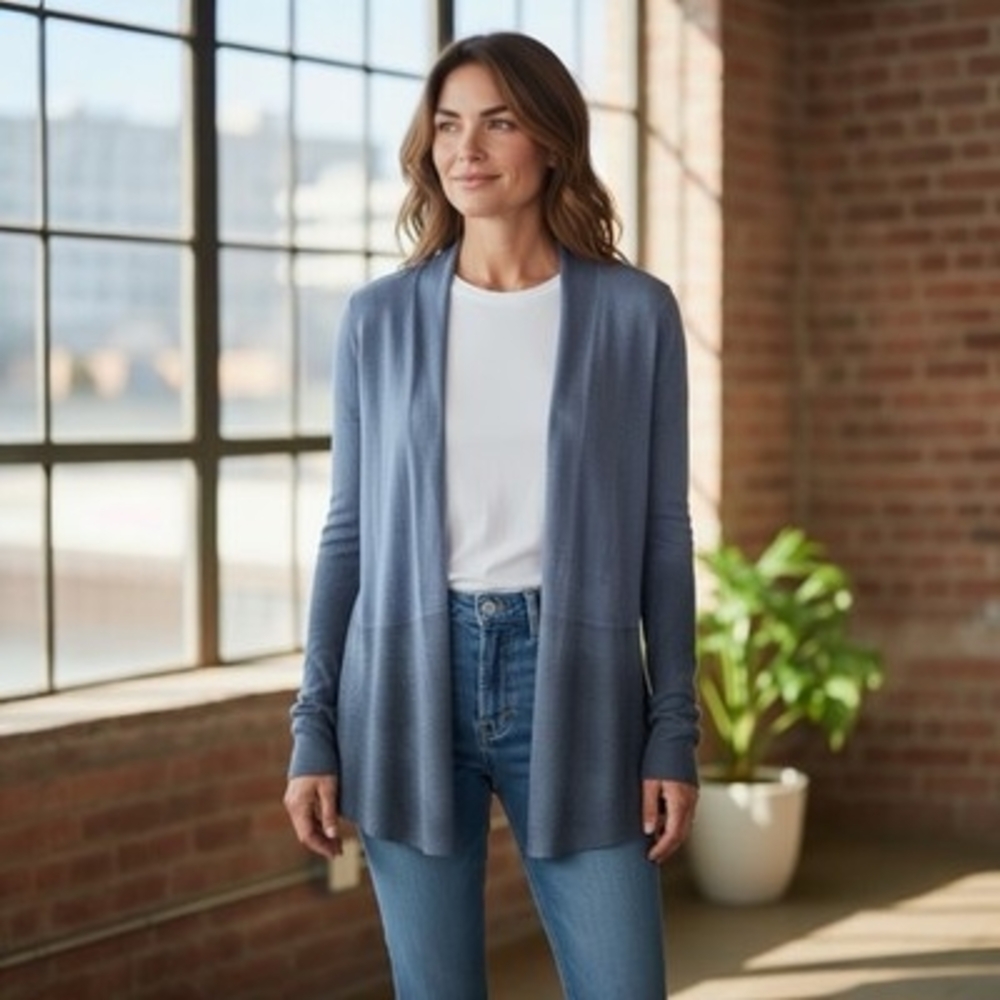 Eileen Fisher Women's Gray Blue Tie Dye Knit Open Cardigan Sweater Sz S VG